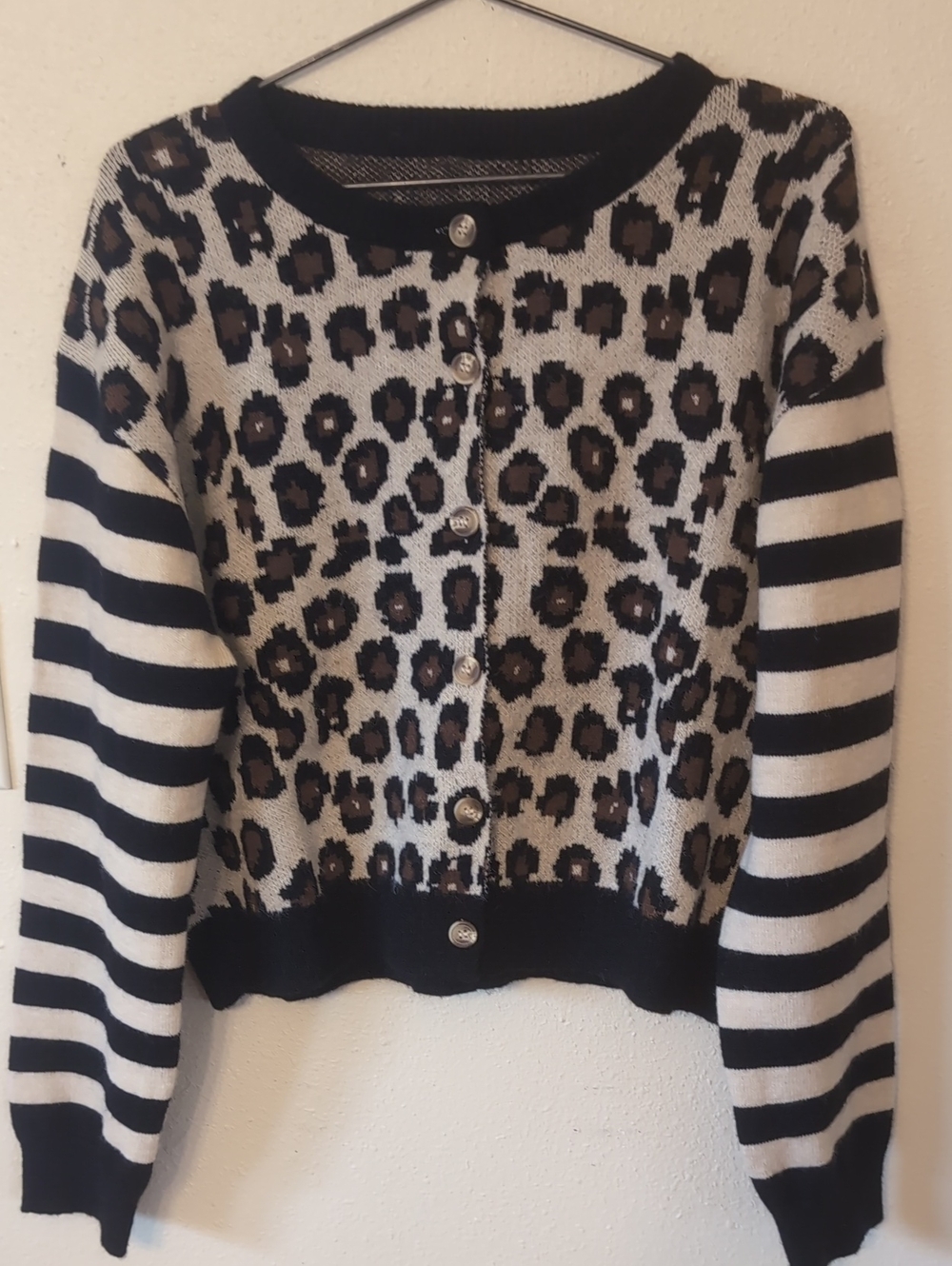 Leopard Print Cardigan Sweater with Striped Sleeves - Black, White & Brown L